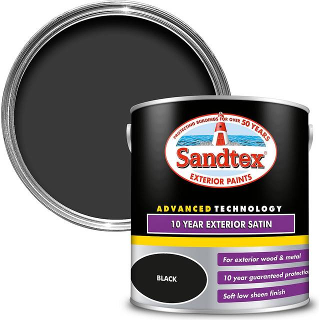 Sandtex 10 Year Exterior Satin Paint, Black 2.5L, Exterior Paint with Satin finish, Door Paint, Window Paint, Paints