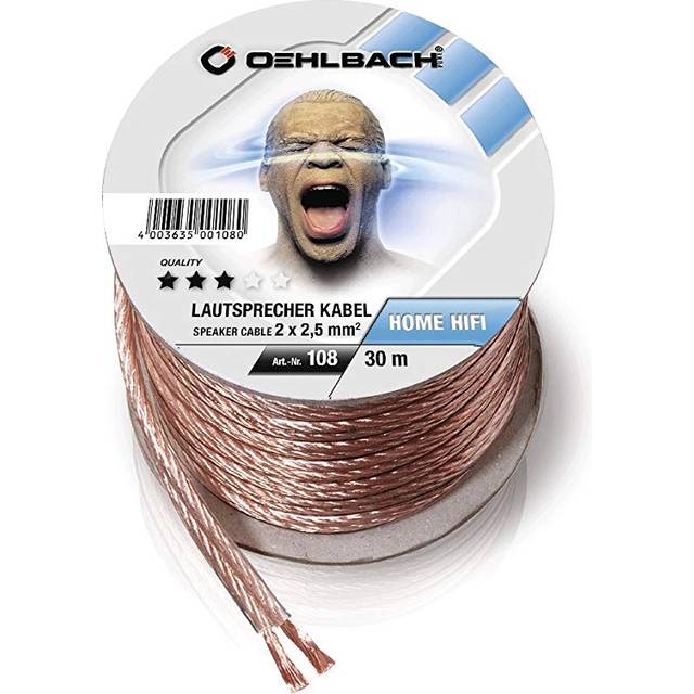 Oehlbach Speaker Wire SP-25 – Stereo HI-FI högtalarkabel, boxkabel med OFC (syrefri koppar) 2 x 2,5 mm² minispole högtalarkabel – glasklar 30 meter