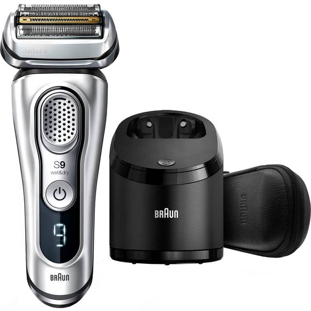 Braun Series 9 elektrisk rakapparat, med rengörings- och laddningsstation och läderfodral, felfri rakning, 100% vattentät, gåvor för män, 2-polig badrumsplugg, 9390cc, silver