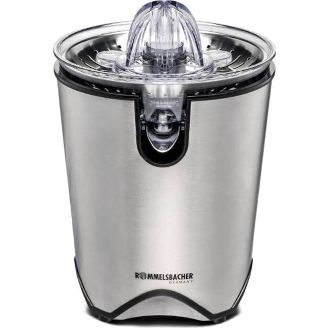ROMMELSBACHER Citruspress ZP 60/E – kraftfull/tyst motor, sil av rostfritt stål, vikbar utloppstyll, droppstopp, 2 presskonar (för stora och små frukter), 100 watt, rostfritt stål