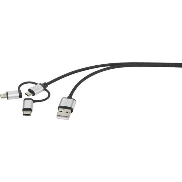 Renkforce USB-kabel USB 2.0 USB-A kontakt, USB-C®-kontakt, USB-Micro-B-kontakt, Apple Lightning kontakt 3.00 m Mörkgrå kabelstrumpa RF-3334578