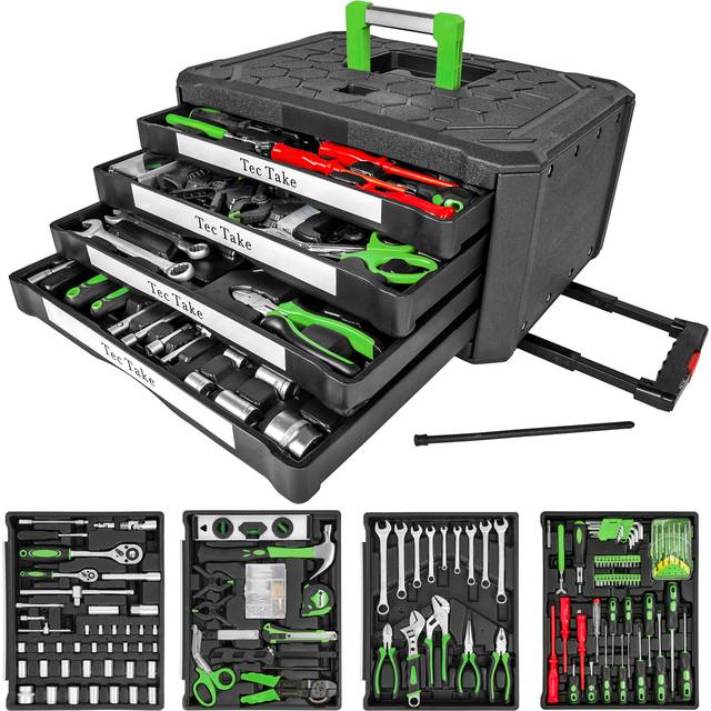 Tool Box - 899-piece tool set, clear arrangement on 4 levels, with wheels - black