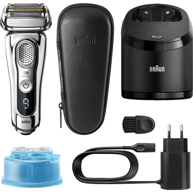 Braun Series 9 9395cc Senaste Generationen, Rakapparat, Laddningsbar Och Sladdlös Rakapparat, Krom, Clean&Charge-station Och Resefodral I Läder, Wet And Dry, Rakapparat Med Skärblad, 100 % Vattentät