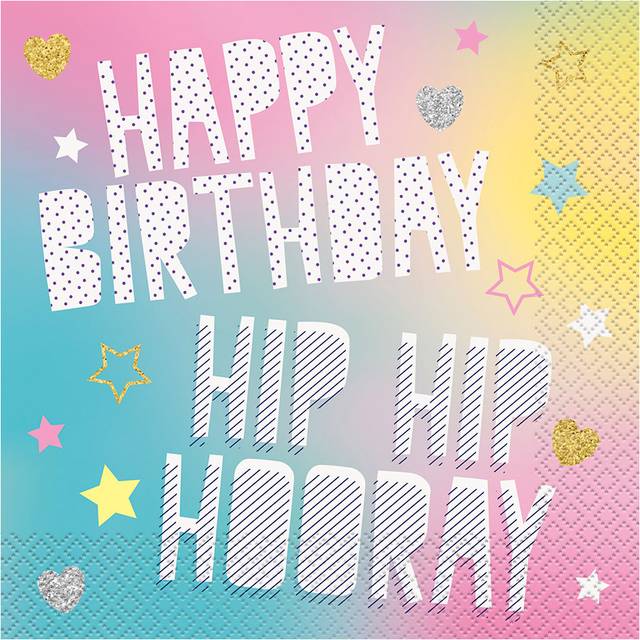 Pastel  Coloured Happy Birthday Hip Hip Hooray - 16 Luncheon Party Napkins