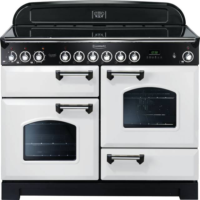 Rangemaster Classic Deluxe CDL110ECWH/C 110cm Electric Range Cooker with Ceramic Hob - White / Chrome - A/A Rated