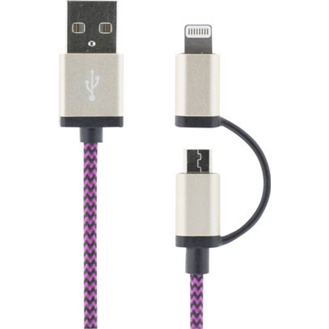 USB-synk-/laddarkabel 2 i 1 Lightning & Micro, tygklädd, MFi, 1m - Lila