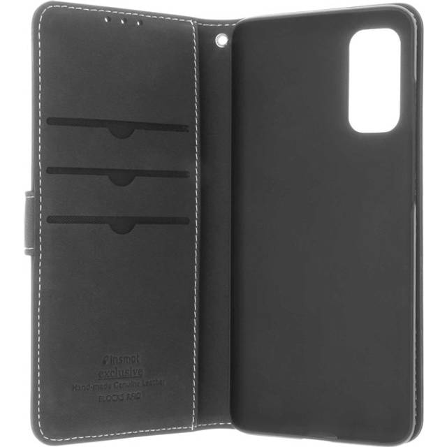 Insmat Exclusive Flip Case - Vikbart fodral för mobiltelefon - genuint läder, papper, kartong, aluminiumfolie - svart - för Samsung Galaxy S20, S20 5G