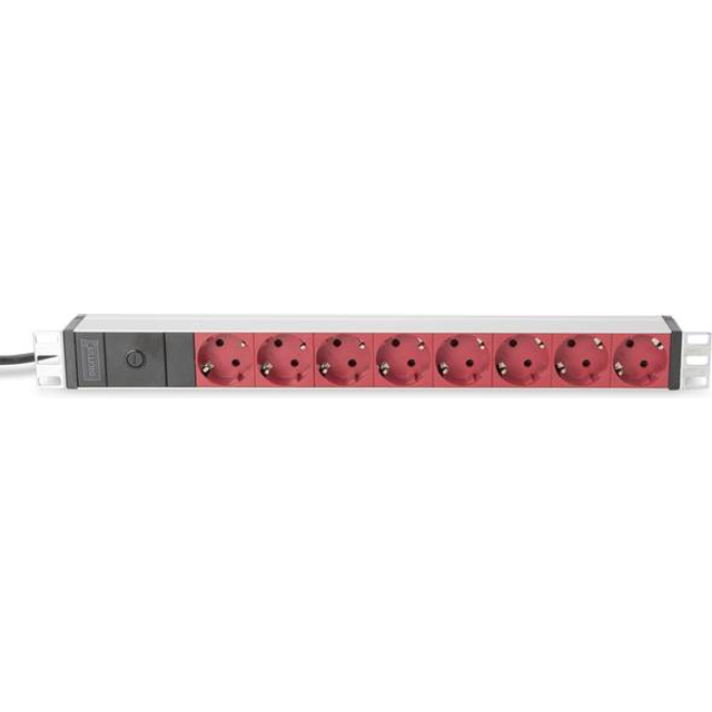 Digitus aluminum outlet strip with pre-fuse, 8 safety outlets, 2 m supply IEC C14 plug
