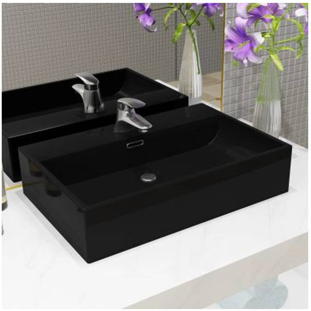 vidaXL Basin with Faucet Hole Ceramic Black 60.5x42.5x14.5 cm