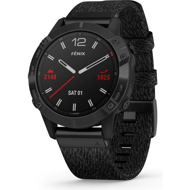 Garmin Watch Fenix 6 Sapphire Black DLC Heathered Nylon Band D - Black