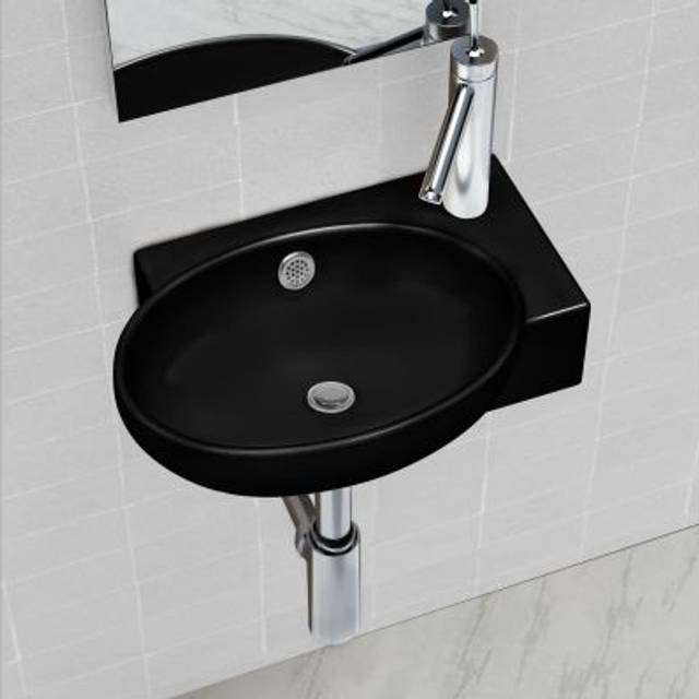 vidaXL Ceramic Bathroom Sink Basin Faucet/Overflow Hole Black Round