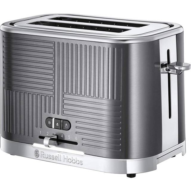 Russell Hobbs brödrost, 2 skivor, 6 justerbara rostningsnivåer, extra breda fack, uppvärmningsgaller, upptining, uppvärmningsfunktion, 1640W, teknologi för snabbare rostning, Geo Steel 25250-56