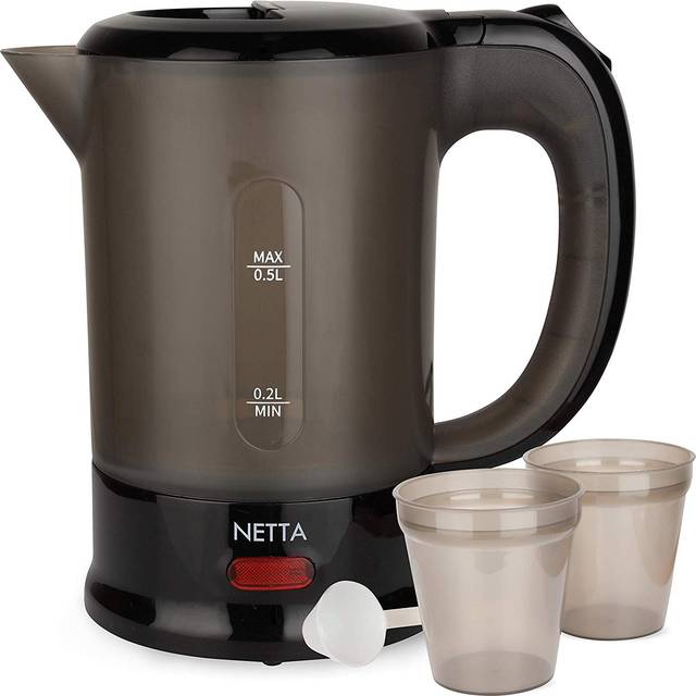 NETTA 0.5L Travel Kettle with 2 Cups and Spoon - Black - 1100W