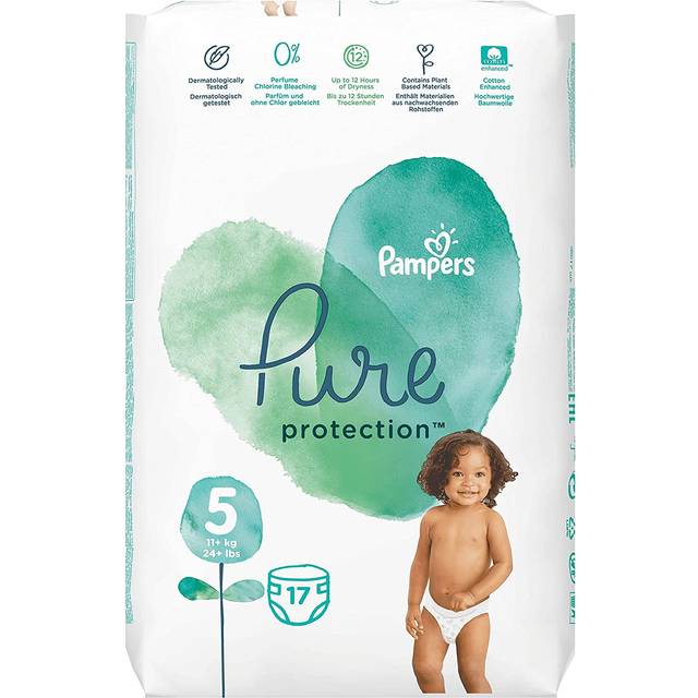 Pampers Storlek 5 Pure Protection Babyblöjor, 17 stycken, bärförpackning, med premium bomull och växtbaserade material (11 kg)
