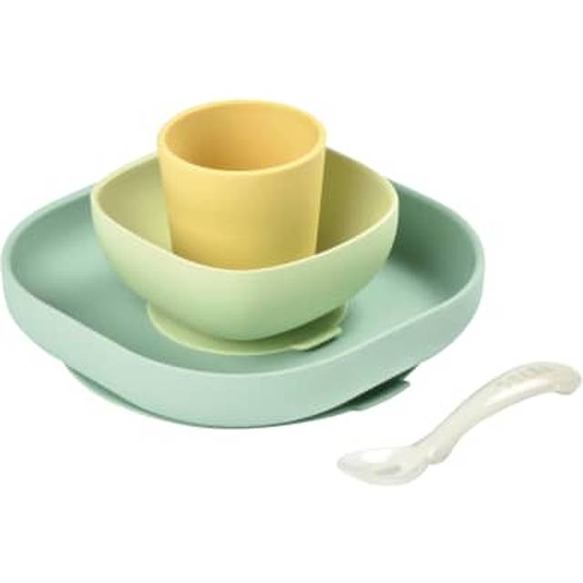 Béaba - Matning av silikon - set med 4 delar: Tallrik + skål + kopp + sked - silikon med stark sugplatta - baby och barn - blå
