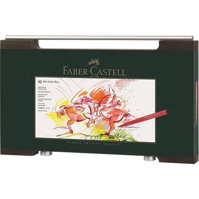 Faber-Castell Konst & Grafisk Pitt Artist Pen Indien Bläckpenna, Flerfärgad, Träfodral med 90, för konst, hantverk, ritning, skissning, hem, skola, universitet, färgning