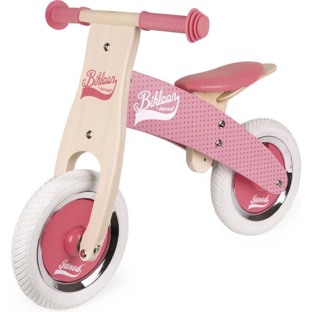 Janod - My First Balance Bike Little Bikloon - Wooden Kids Bike - Vintage Look - Balance and Autonomy Training - Adjustable Saddle and Inflatable Tyres - Colour Pink - From Age 2