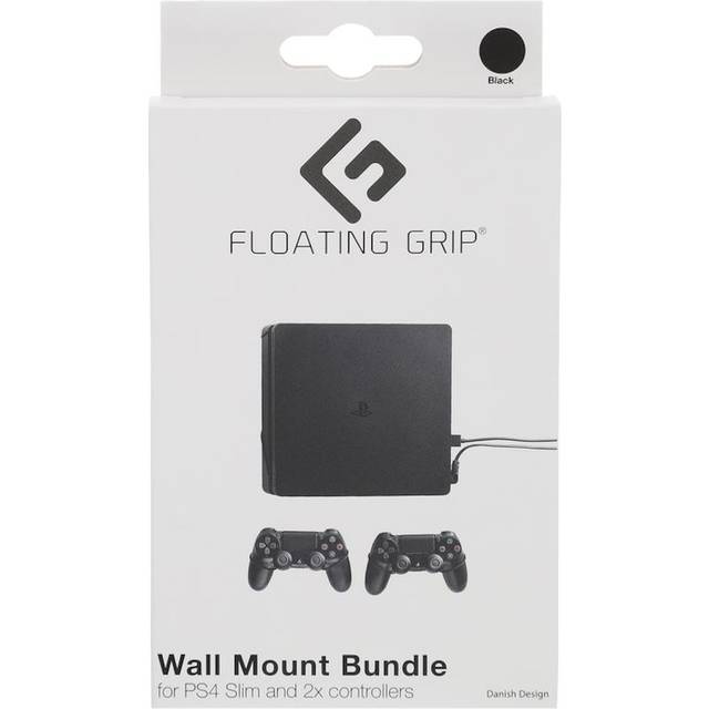 FLOATING GRIP Wall Mounts for 1x PlayStation 4 Slim (PS4 Slim) + 2x Controllers. Color: BLACK. Storage your PlayStation on the wall right next