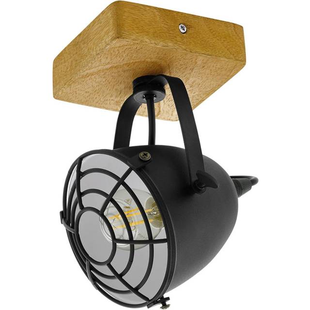 EGLO Taklampa Gatebeck, 1 glödlampa vintage, industriell, retro, takstrålkastare av stål i svart och trä i naturen, vardagsrumslampa, kökslampa med E14-sockel