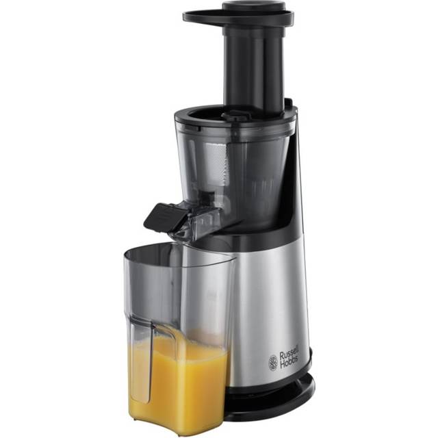 Russell Hobbs slow juicer, 2 insatser fin & grov, backfunktion, juicekannan ryms inuti fruktköttsuppsamlaren för att spara utrymme, tål diskmaskin, rengöringsborste ingår,150W, 25170-56