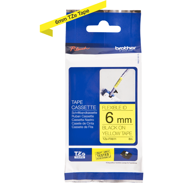 Original Brother TZEFX611 6mm Flexible Tape - Black on Yellow