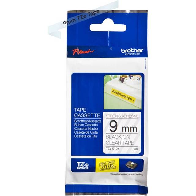 Original Brother TZES121 9mm Strong Adhesive Tape - Black on Clear