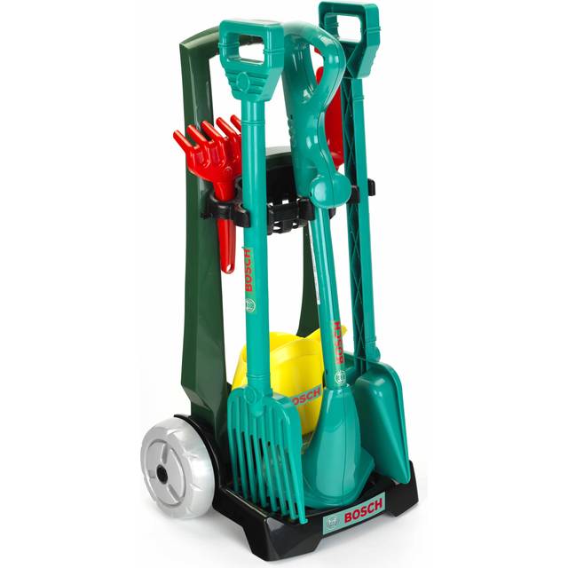 Theo Klein 2751 Bosch Garden 7-bitars trädgårdsvagn I Set med högkvalitativa trädgårdsredskap för barn I Inkl. grästrimmer och mycket mer I Mått: 33,5 cm x 18 cm x 56,5 cm I Leksaker för barn över 3 år