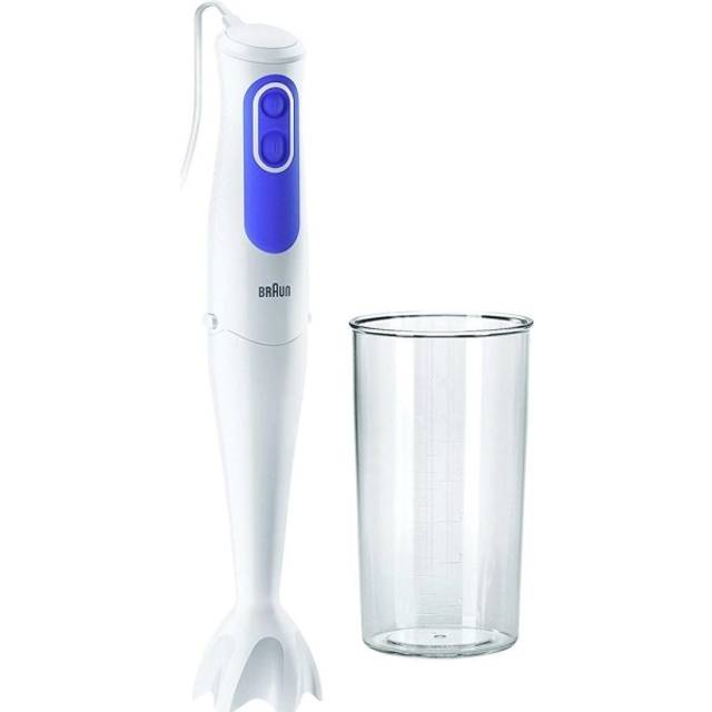 Braun Minipimer 3 MQ3000 - 700W Stavmixer med Metallarm, 2 hastigheter, Powerbell Plus-teknik, SplashControl-teknik, 600 ml måttbägare, vit och blå färg