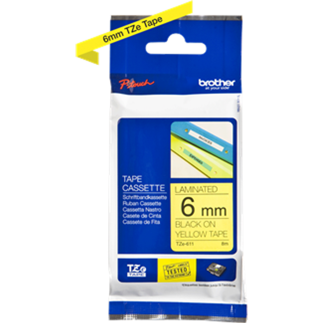 Brother TZe-611 – svart på gul – rulle (0,2 tum) 1 kassett laminerad tejp – för Brother PT-D210, D600, H110, P-Touch PT-1005, 1880, P-Touch Cube Pro PT-P910