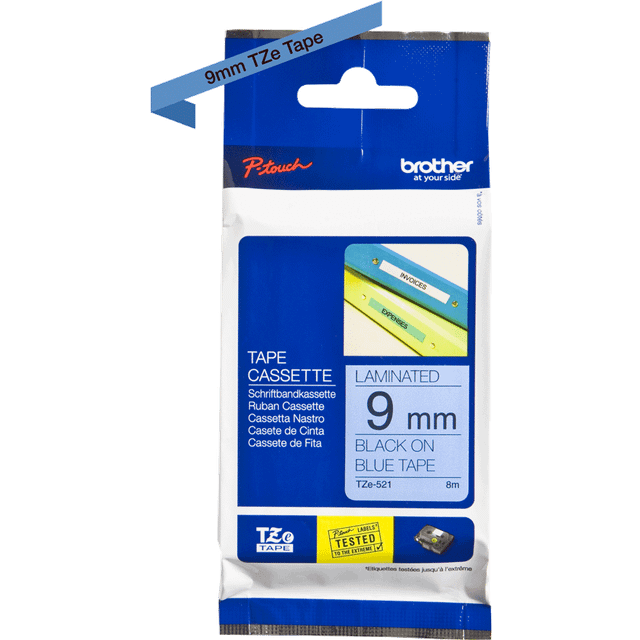 Brother TZE521 Black on Blue 8M x 9mm Gloss Tape
