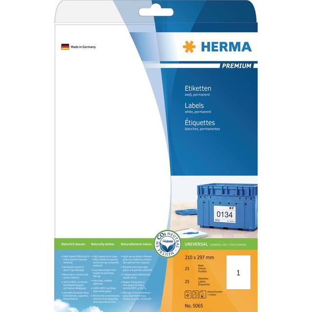 HERMA 5065 universella etiketter A4 stora (210 x 297 mm, 25 ark, papper, matt) självhäftande, utskrivbara, permanenta adressetiketter, 25 klistermärken, vit