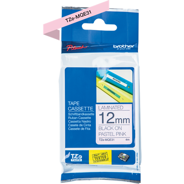Brother TZe P-Touch Labelling Tape 12mm x 4m Black on P/Pink TZEMQE31