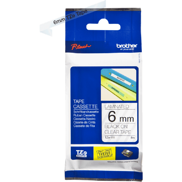 Brother P-touch TZe-111 Tape 6mm Black On Clear Labelling Tape