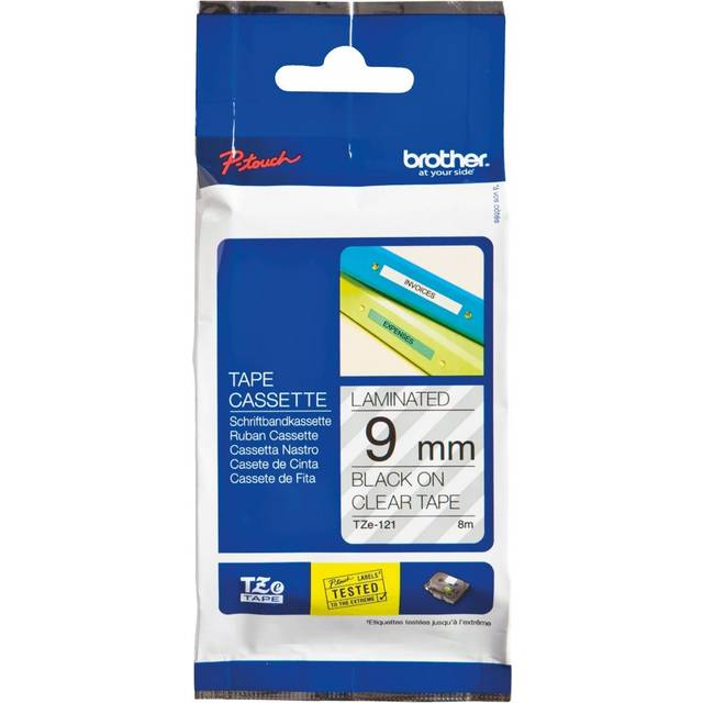 Original Brother P-Touch TZE121 9mm Gloss Tape - Black on Clear
