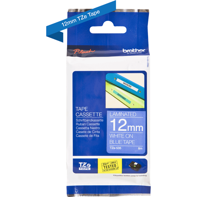 Brother TZE535 White on Blue 8M x 12mm Gloss Tape