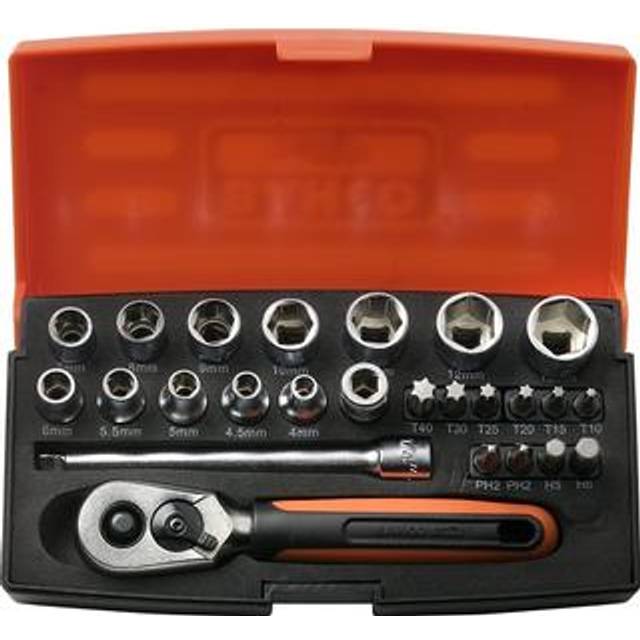 SL25 - 1/4' Square Drive Socket Set with Metric Hex Profile and Screwdriver Bits/Bit Holder - Bahco