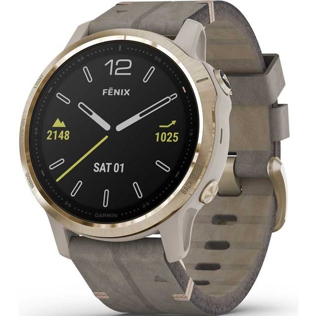 Garmin Watch Fenix 6S Sapphire Light Gold Shale Suede Band D - Black