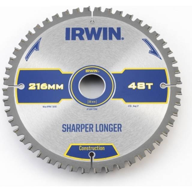 IRWIN Construction Mitre Circular Saw Blade – 216mm Diameter x 30mm Arbor, 48 Teeth ATB/Negative Hook for Precise Cutting
