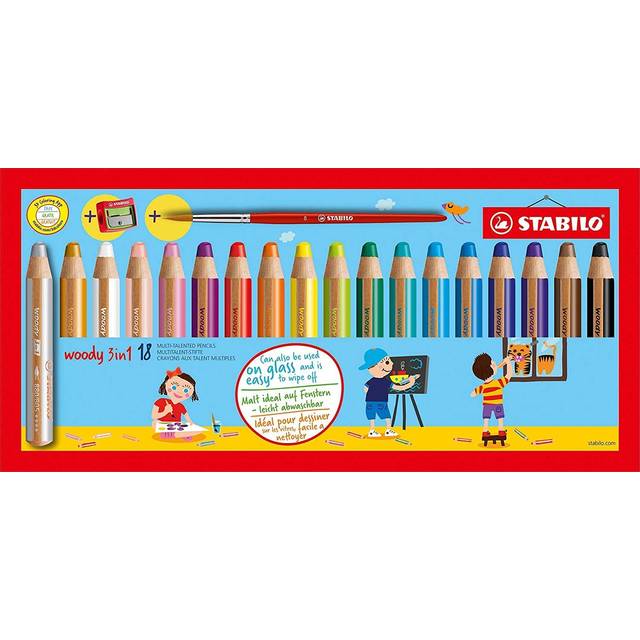 STABILO woody 3-in-1 - Multi-Talented Pencil - Pack of 10 - Assorted Colours with Sharpener