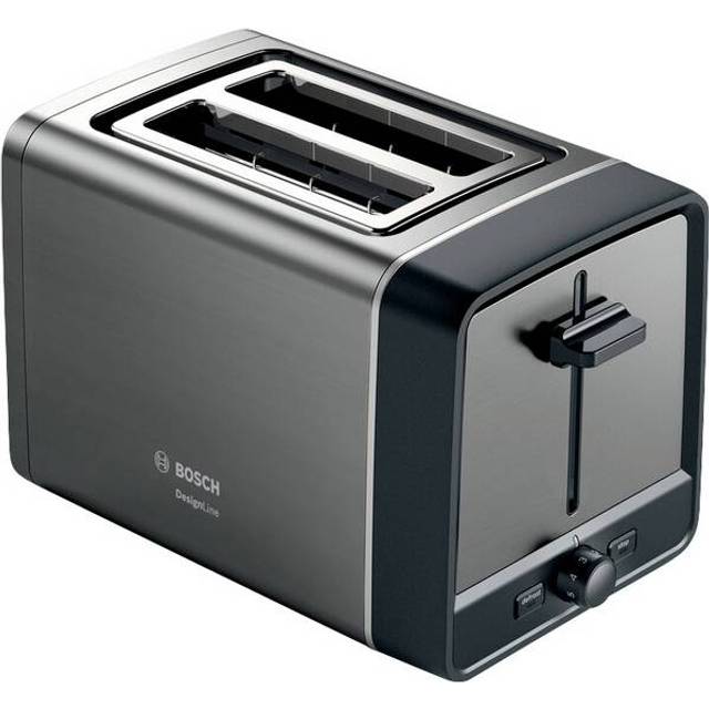 Bosch Kompakt brödrost DesignLine TAT5P425DE, integrerad brödhållare i rostfritt stål, med automatisk avstängning, med avfrostningsfunktion, perfekt för 2 skivor bröd, lyftfunktion, bred, 970 W, grå