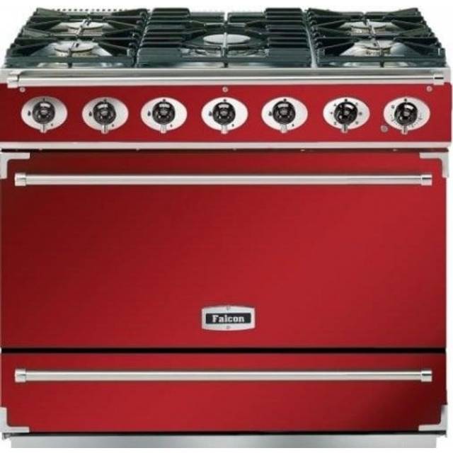 Falcon F900SDFRD/N 90cm Single Cavity Dual Fuel Range Cooker in Cherry Red with Nickel
