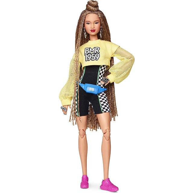 Barbie GHT91 BMR1959 Fully Poseable Fashion Doll with Braided Hair, Wearing Bike Shorts Romper and Cropped Sweatshirt with Accessories and Doll Stand