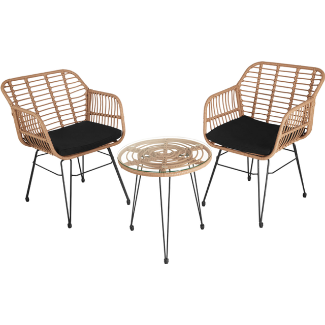 tectake® Outdoor Rattan Sitzgruppe, Möbel für 2 Personen, 3-TLG. Bistroset, Balkonmöbel, Gartenmöbel Set mit 2X Stühle + Tisch, kleine Lounge wetterfest für Garten Balkon Terrasse -Natur