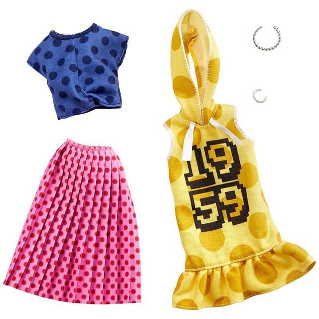 Barbie Clothes -2 Outfits Doll Feature Polka Dots on a Yellow Hoodie Dress  a Blue Top and Pink Skirt  Plus 2 Accessories  Gift for 3 to 8 Y
