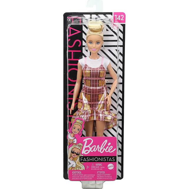 Ã¢ÃÃBarbie Fashionistas Doll #142 with Blonde Updo Hair Wearing Pink & Golden Plaid Dress, White Sneakers & Earrings, Toy for Kids 3 to 8 Years Old