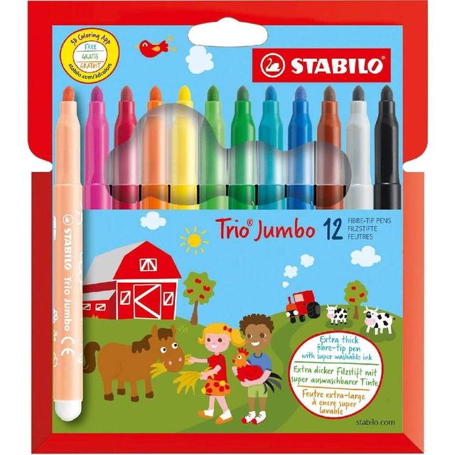 STABILO Trio Jumbo Felt Tip Colouring Pen -Wallet of 12, Assorted Colours