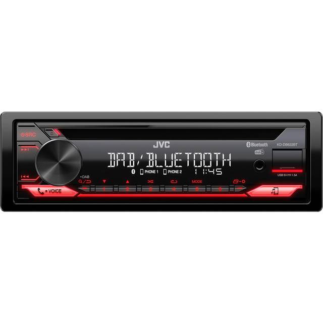 JVC KD-DB622BT CD-bilradio med DAB+ och Bluetooth-handsfree (ljudprocessor, USB, AUX-in, Spotify Control, 4 x 50 watt, röd knappbelysning, utan antenn)