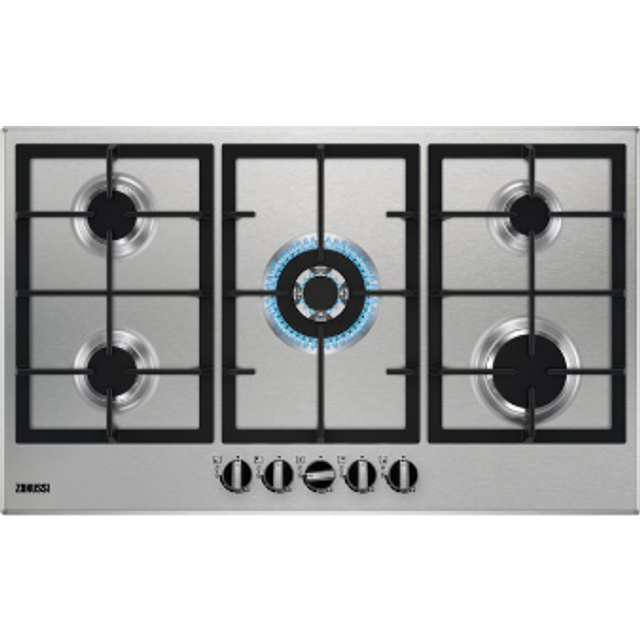 Zanussi ZGNN955X 90cm wide 5 burner gas hob with 1 triple crown burner. Cast iron pan supports. Fla