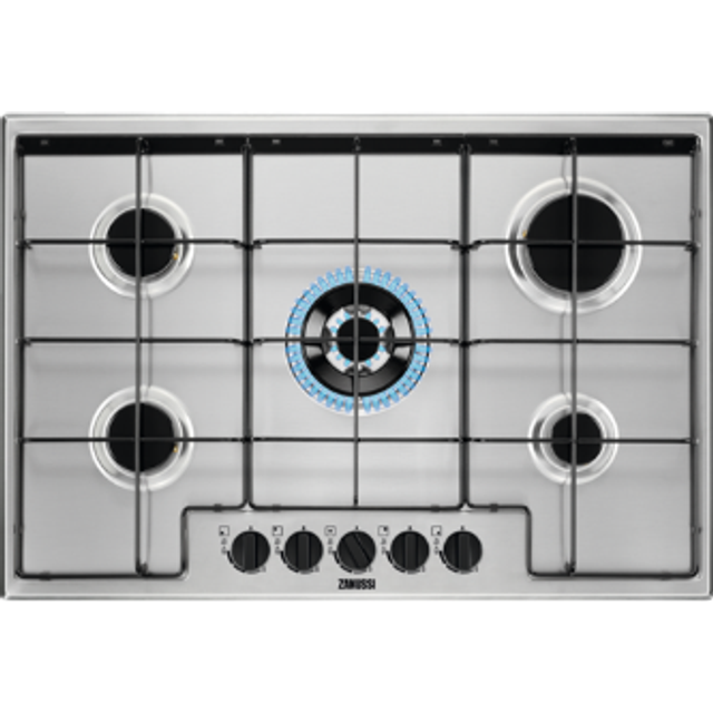 Zanussi ZGNN752X 75cm wide 5 burner gas hob with triple crown burner. Enamel pan supports. Flame sa