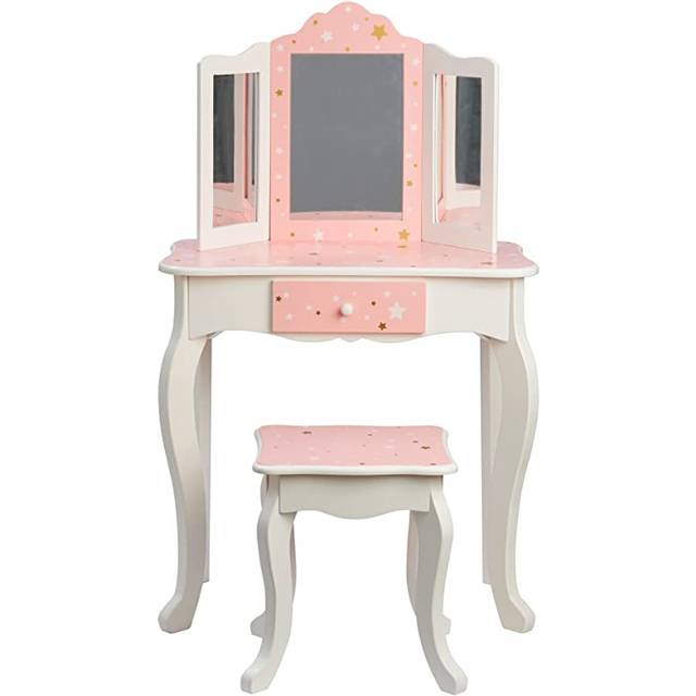 Teamson Kids - Gisele 2-pc Twinkle Star Prints Wooden Vanity Set, White/Pink/Gold